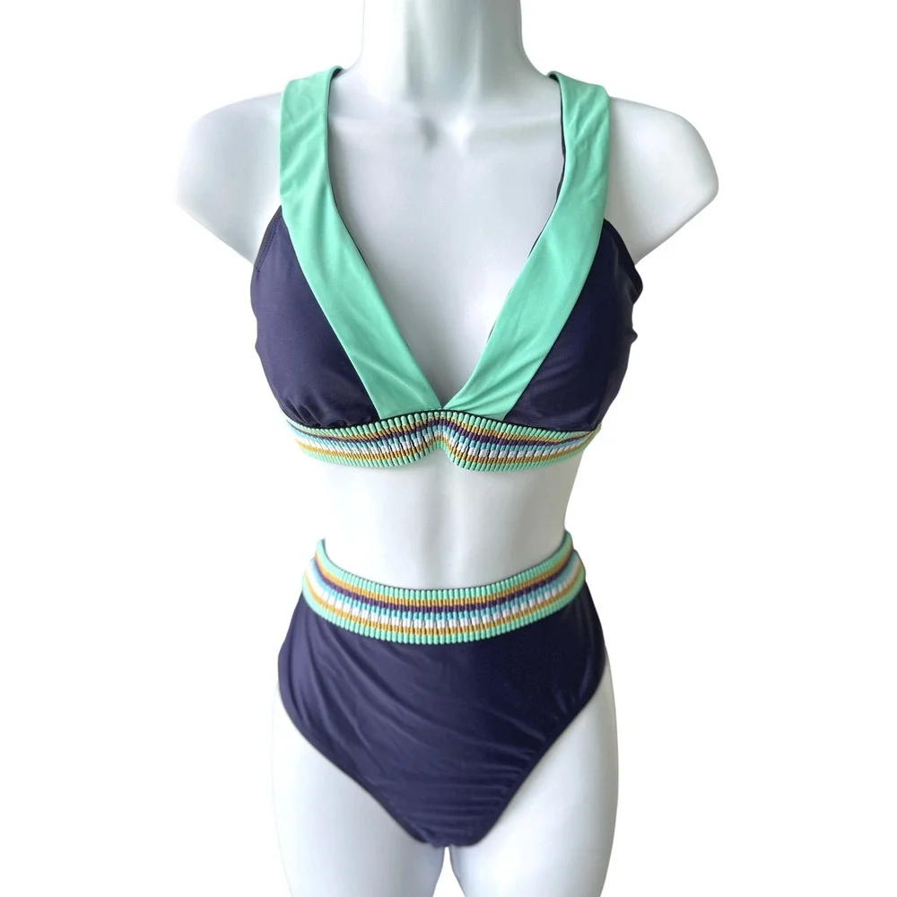 NWT CUPSHE Navy Blue High Waist Bikini 2-Piece Set‎ Swimsuit Womens L - Picture 2 of 9